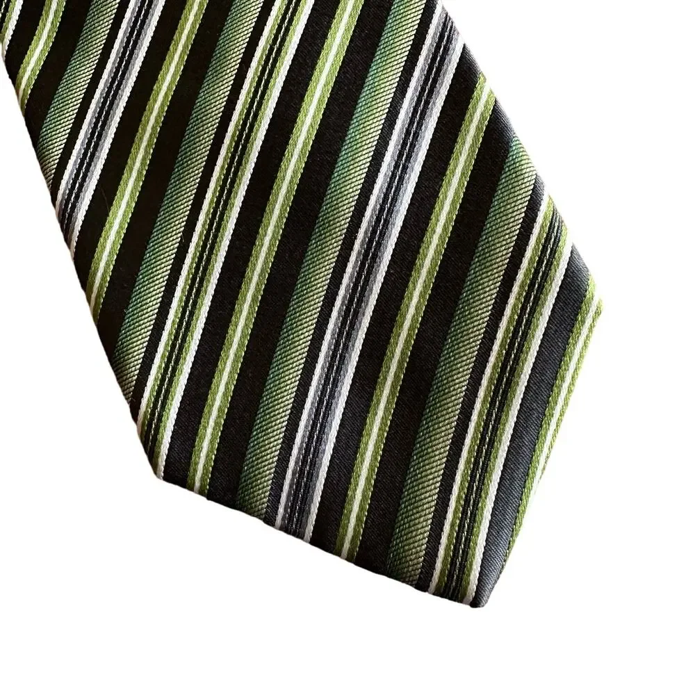 Geoffrey Beene | Men's Tie 100% Silk Green Grey White Striped